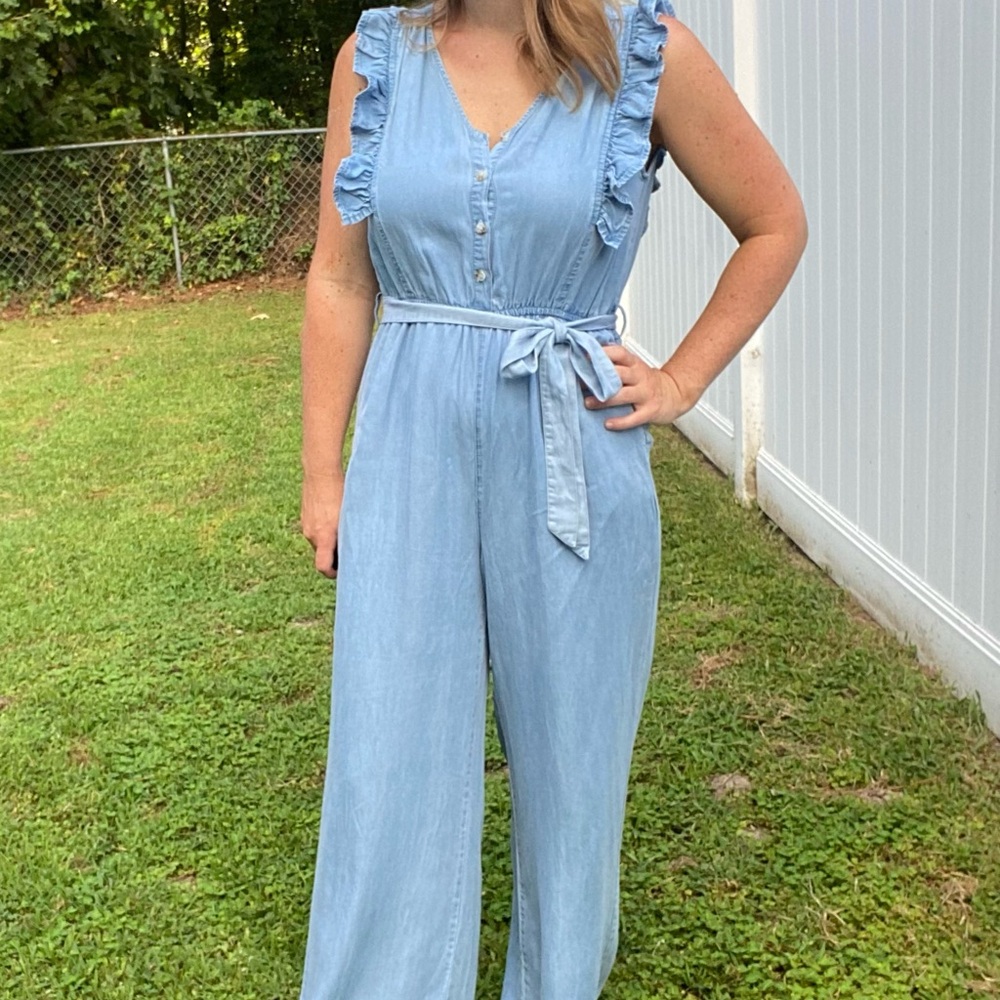 Light Blue Sleeveless Jumpsuit with Ruffle Detail